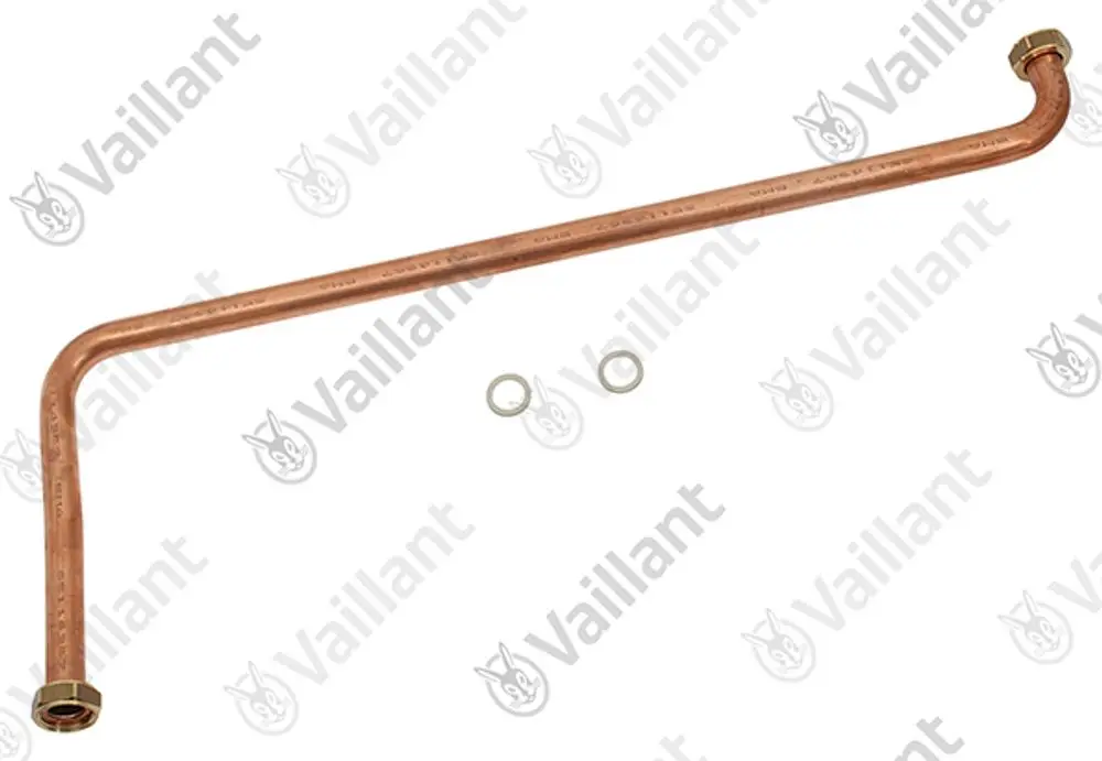 Kupferrohr von Vaillant mit zwei Gewindeanschlüssen, gebogen, in mittlerer Länge, neben zwei Unterlegscheiben auf hellem Hintergrund.
